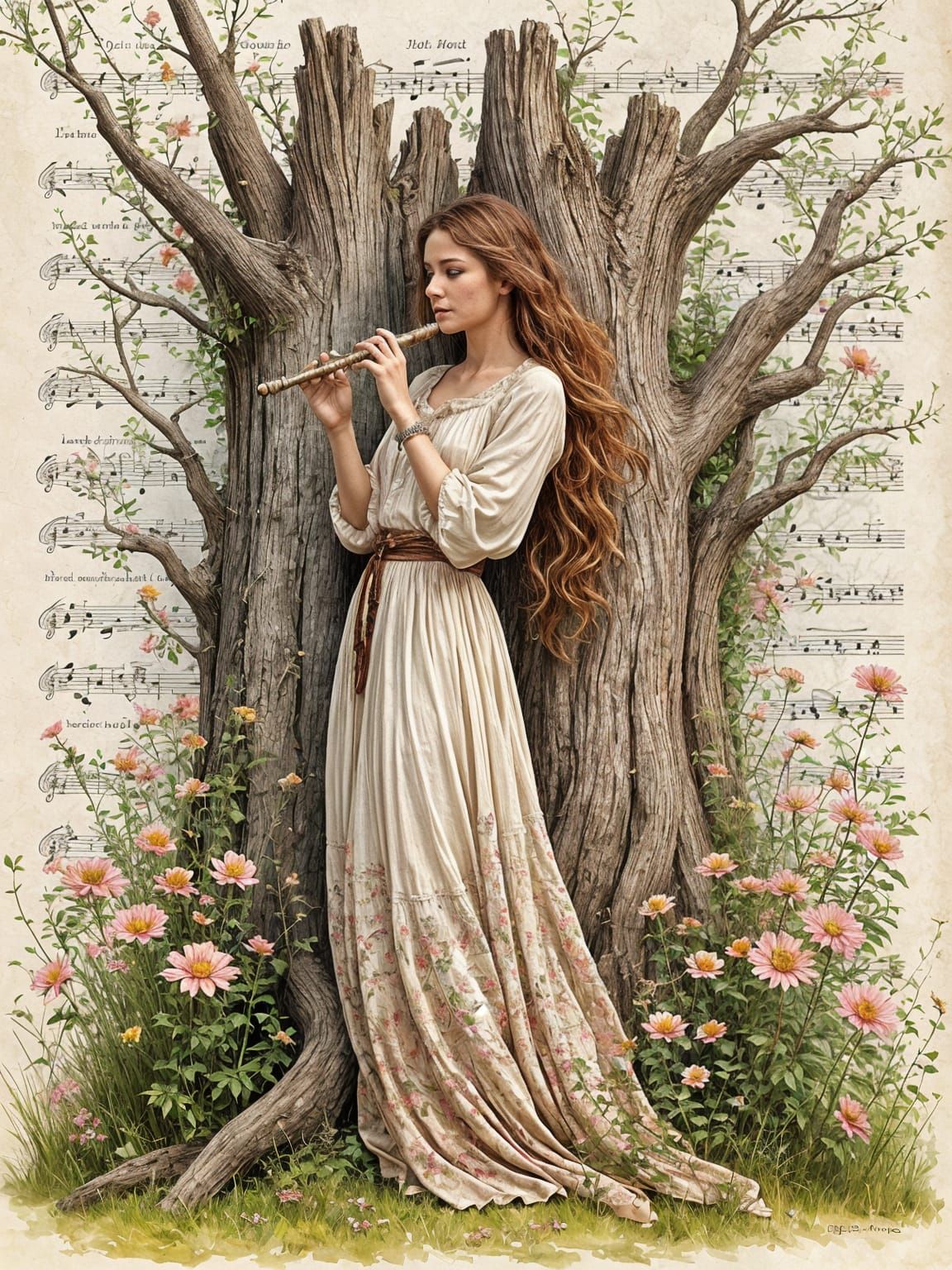 Bohemian Flautist in Forest, Watercolor Vintage Style