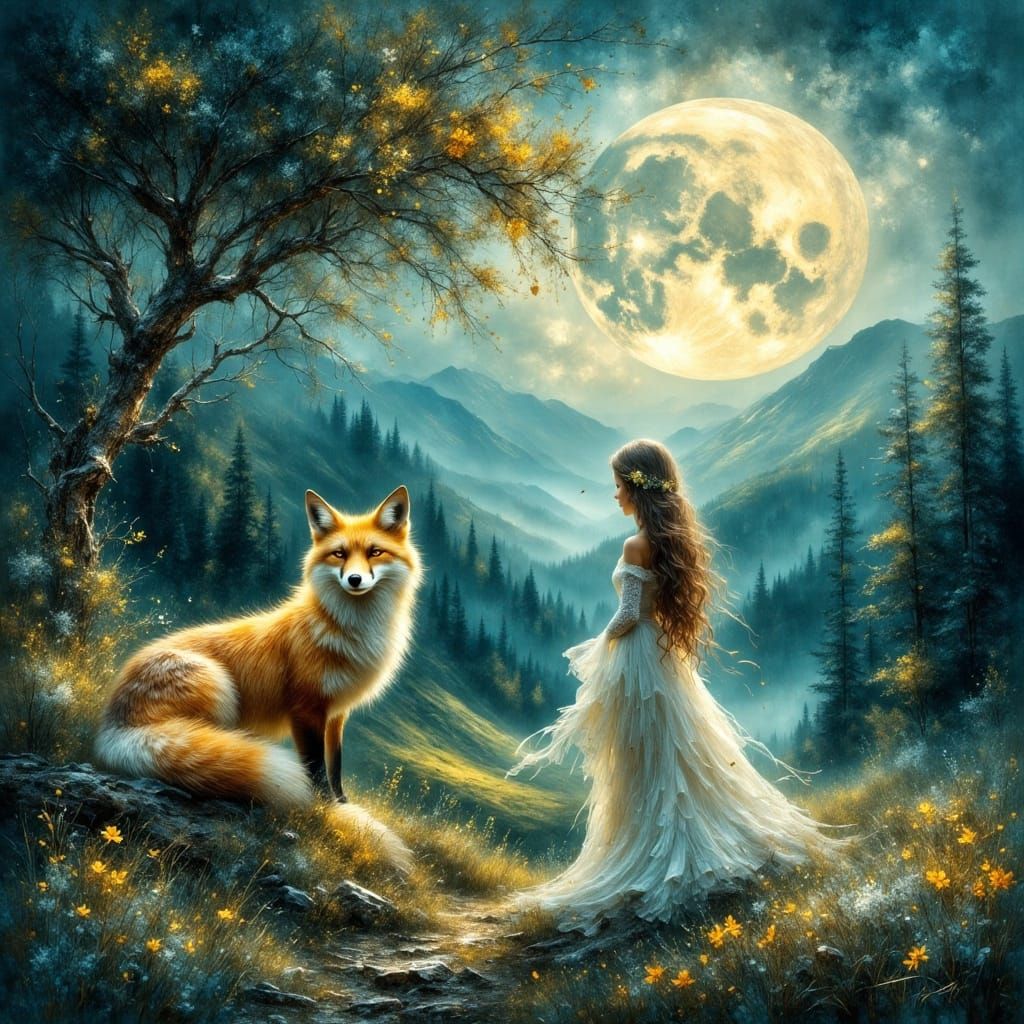 a girl and a fox in the full moon  (NC)