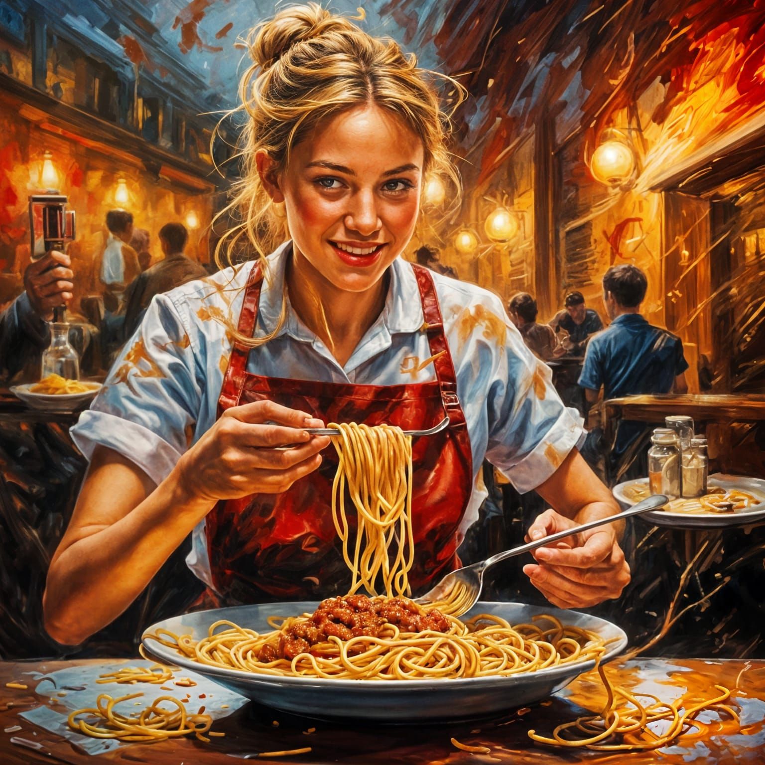 A Nostalgic Scene of a Waitress and a Spaghetti Spill