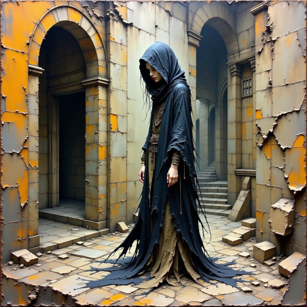 Old Woman in Ruined Alleyway as Impasto Painting