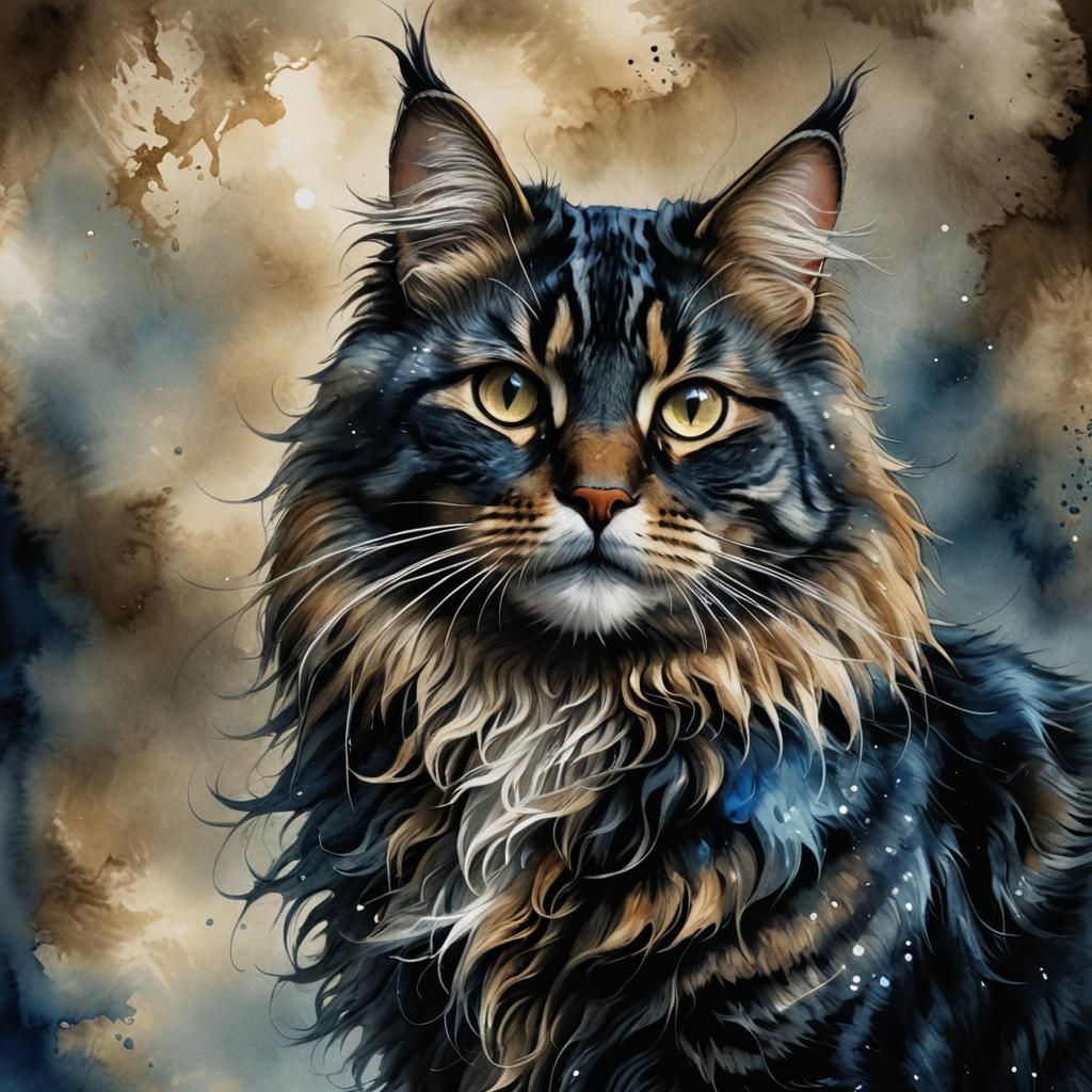 Tabby Cat Portrait in Liquid Ink Watercolor Style