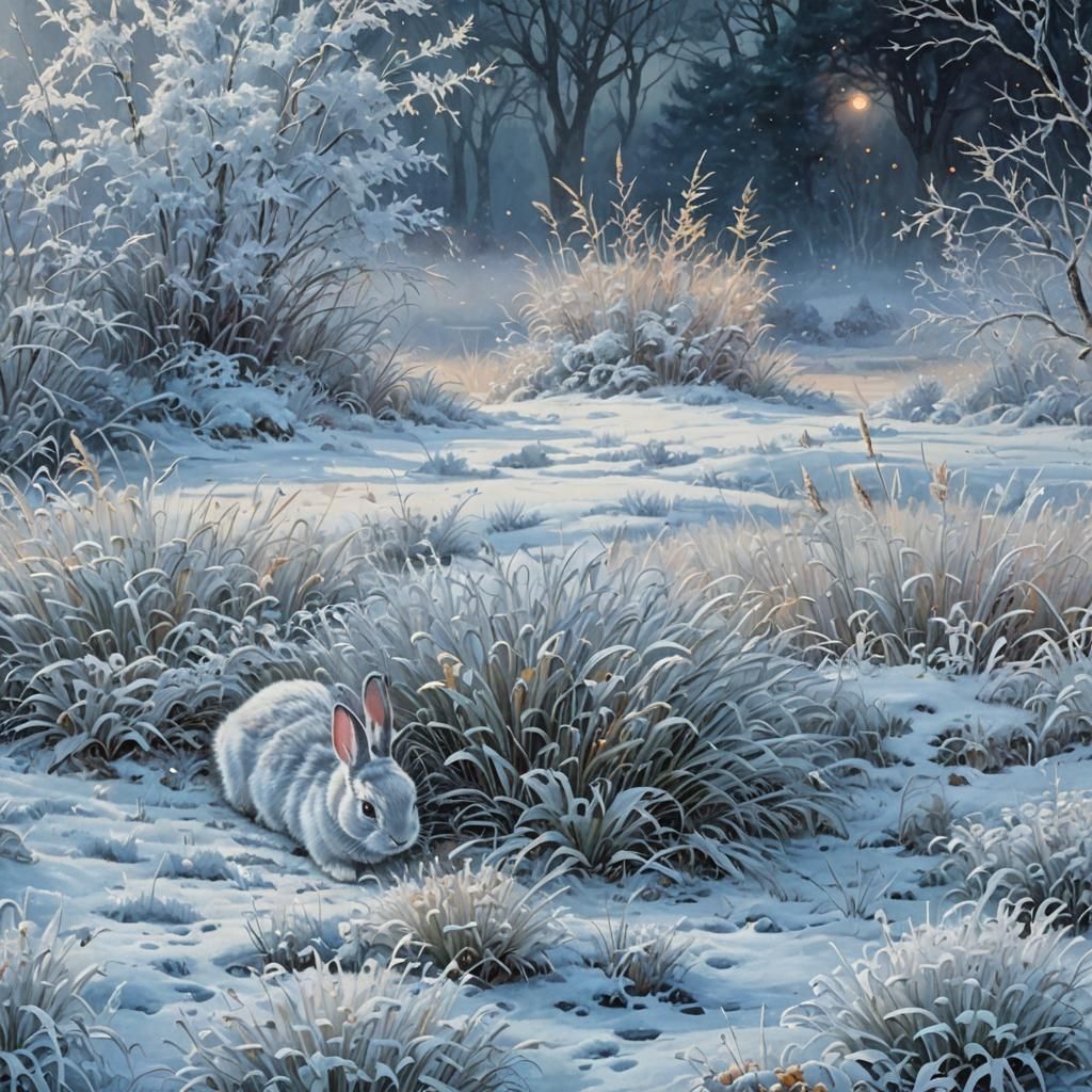 Ethereal Bunny in Snowy Landscape: Hyperdetailed Fantasy