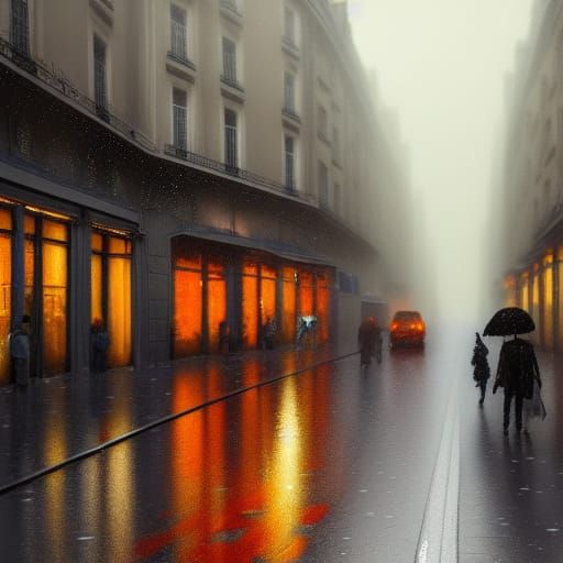 Rainy Paris Street Scene in Art Nouveau Style