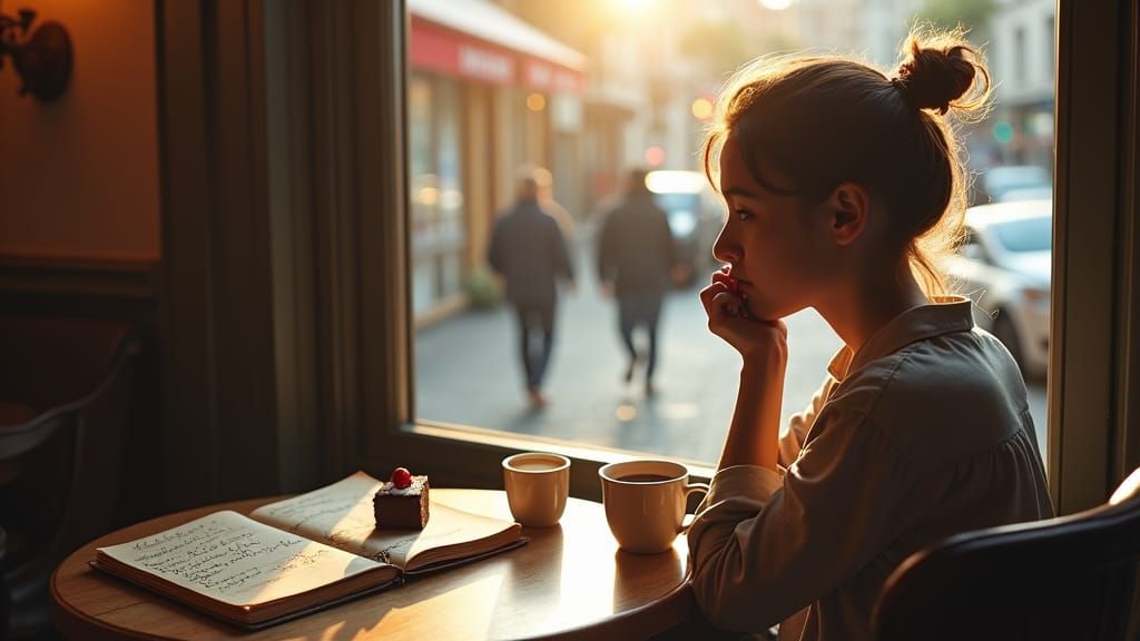 Contemplative Cafe Scene in Hyperrealistic Style