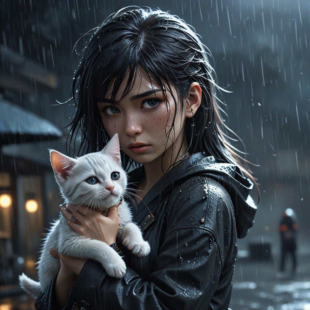 Anime Girl Protector Cries in Rain Holding Kitten and Dagger