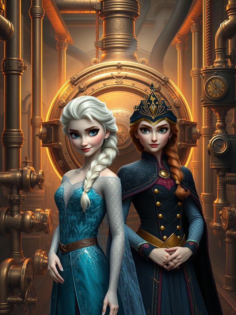 Steampunk Elsa and Anna with Golden Engine