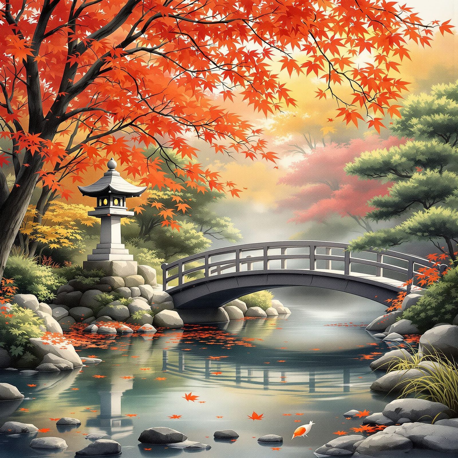 Tranquil Autumn Japanese Garden Watercolor Painting