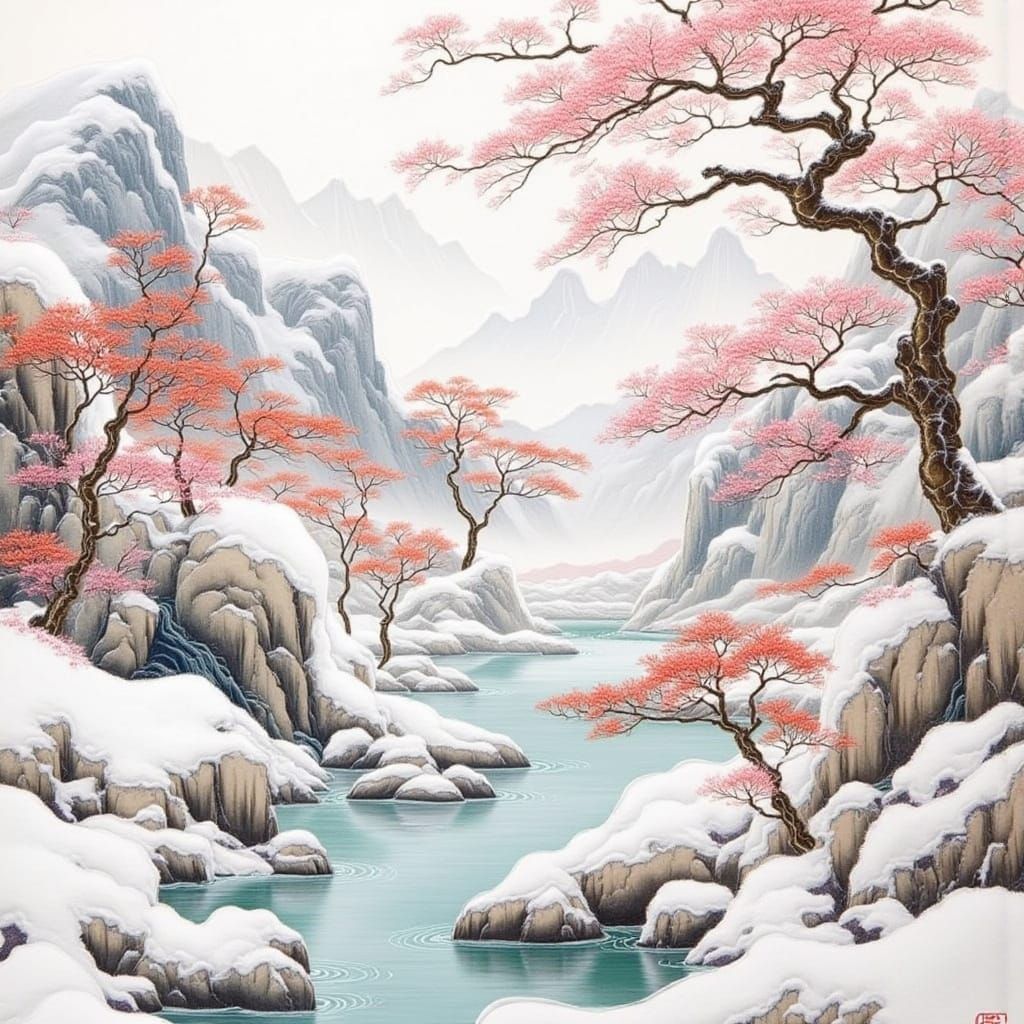 Chinese Hua-Niao Silk Painting: Winter Landscape