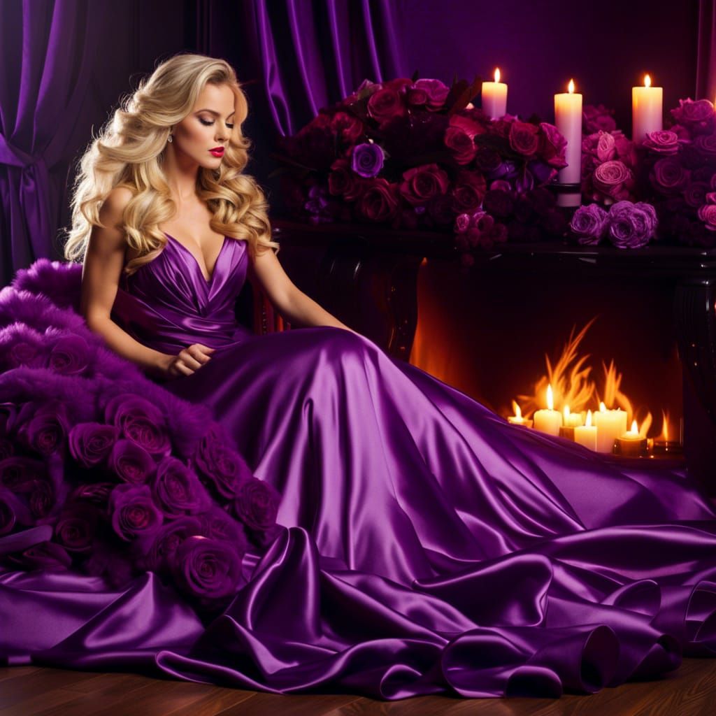 Blonde in Purple Gown with Roses by Fireplace