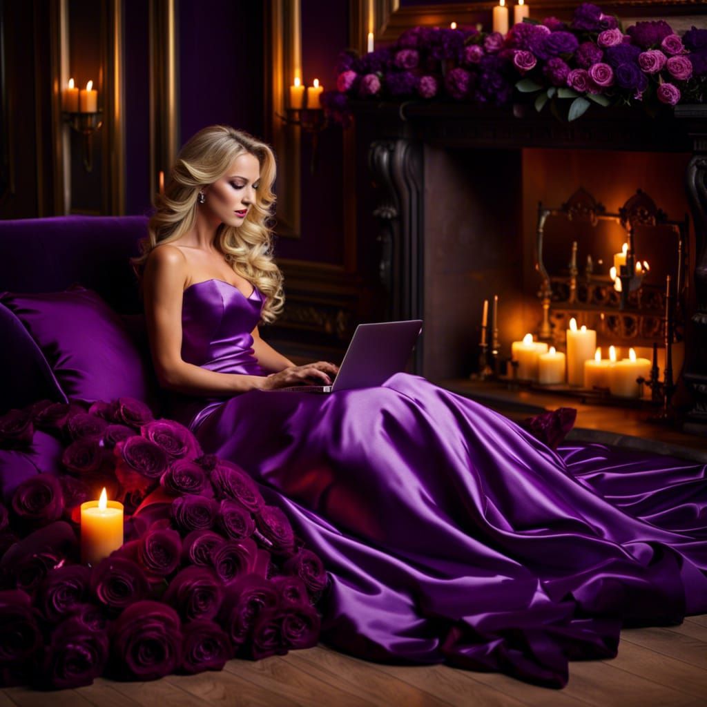 Blonde Woman in Purple Gown with Roses