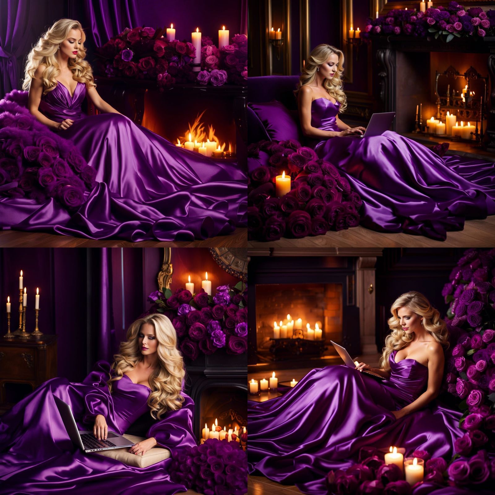 Woman in Purple Gown with Roses by Fireplace