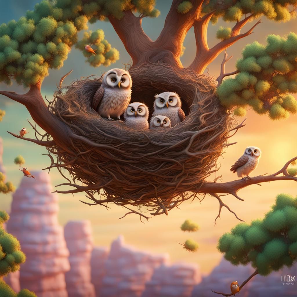 Baby Owls in Nest: 3D Digital Art