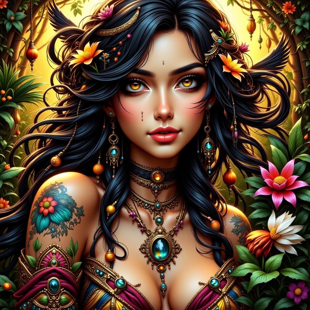 Surreal Anime Goddess in Vibrant Jungle Realm