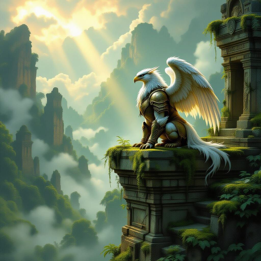 Griffin on Ancient Ruin in Dark Fantasy Concept Art