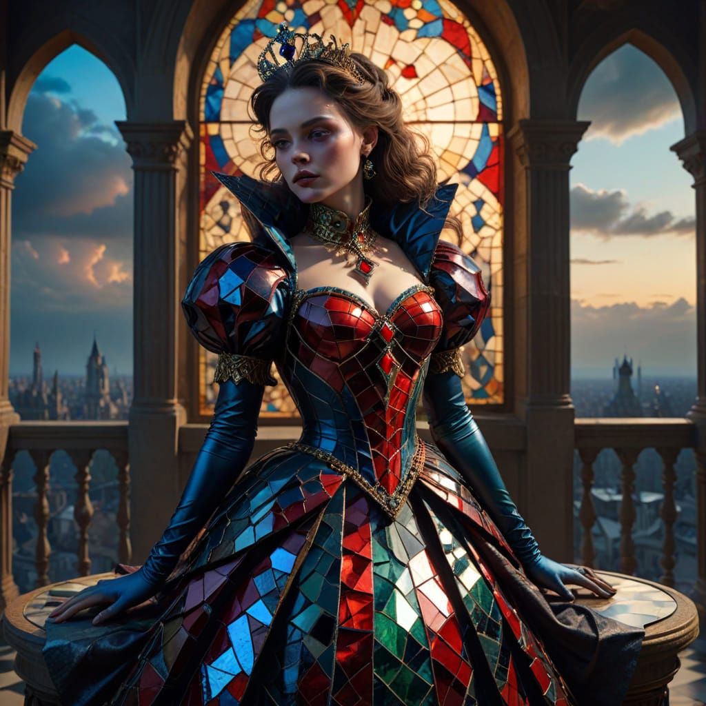 Queen of Hearts in Shattered Glass Gown Overlooking Chessboa...