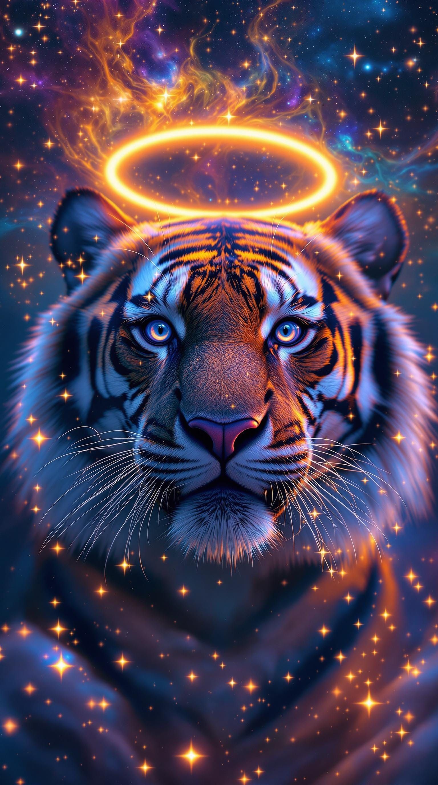 Tiger Face Surrounded by Bioluminescent Stars in Dreamy Digi...