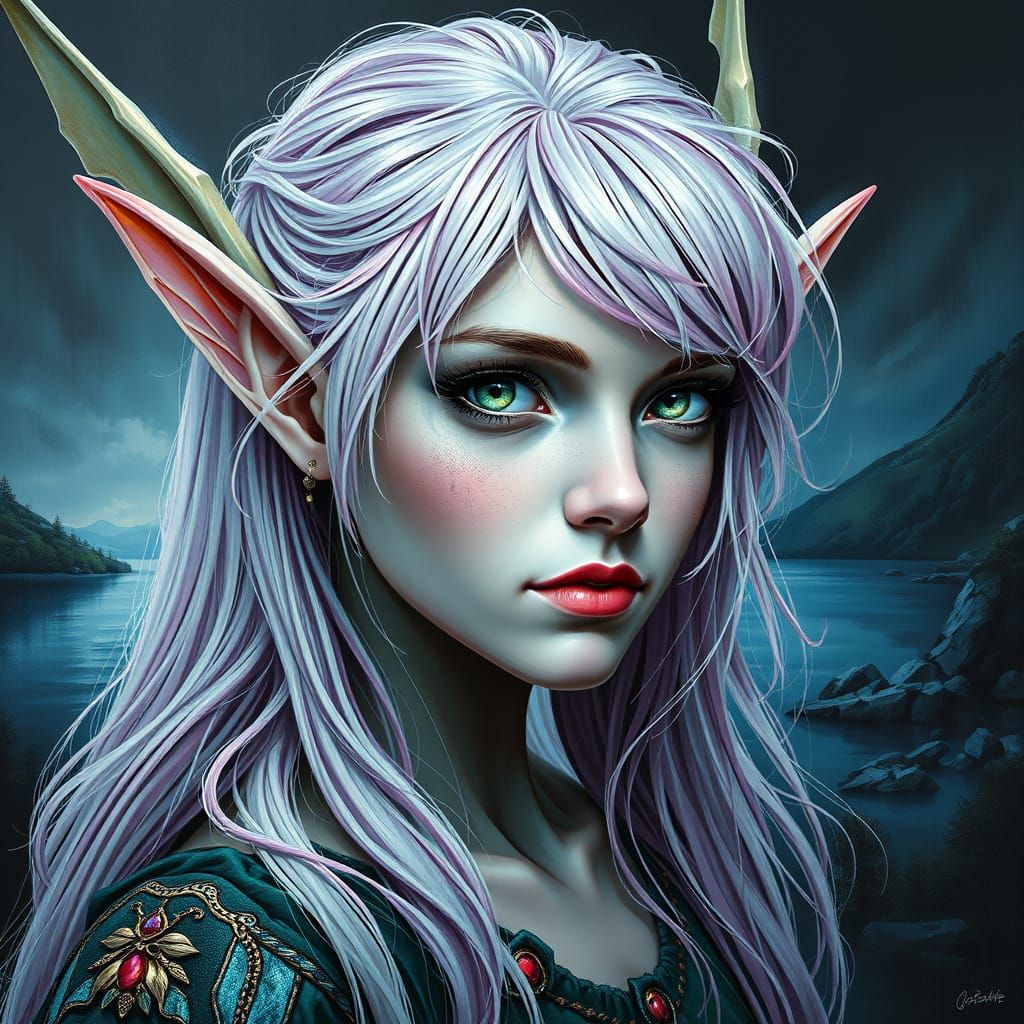 Hyperrealistic Elf Portrait with Fairy Dust and Lake