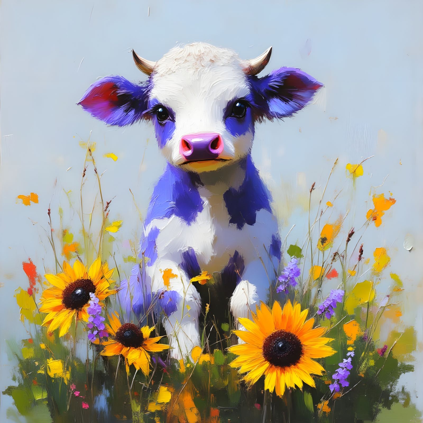 Hand-Painted Blue Cow with Wildflowers