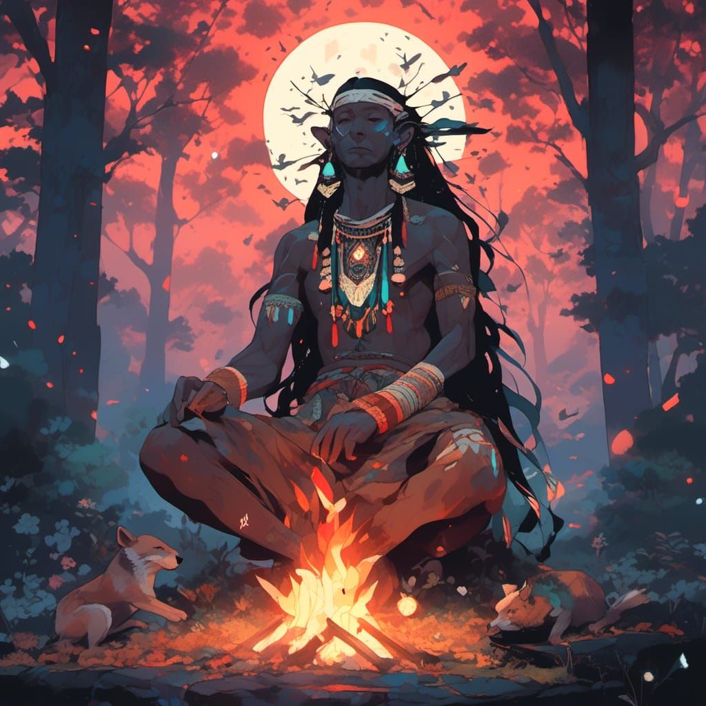 Native Indian Shaman Under Firefly Sky