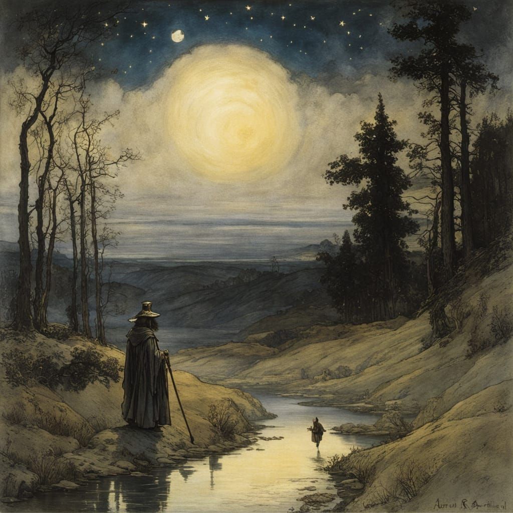 Mystical Wizard Beside a Glimmering Stream Under Starry Nigh...