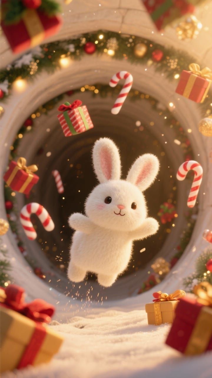 Fluffy Felt Bunny in Magical Christmas Tunnel