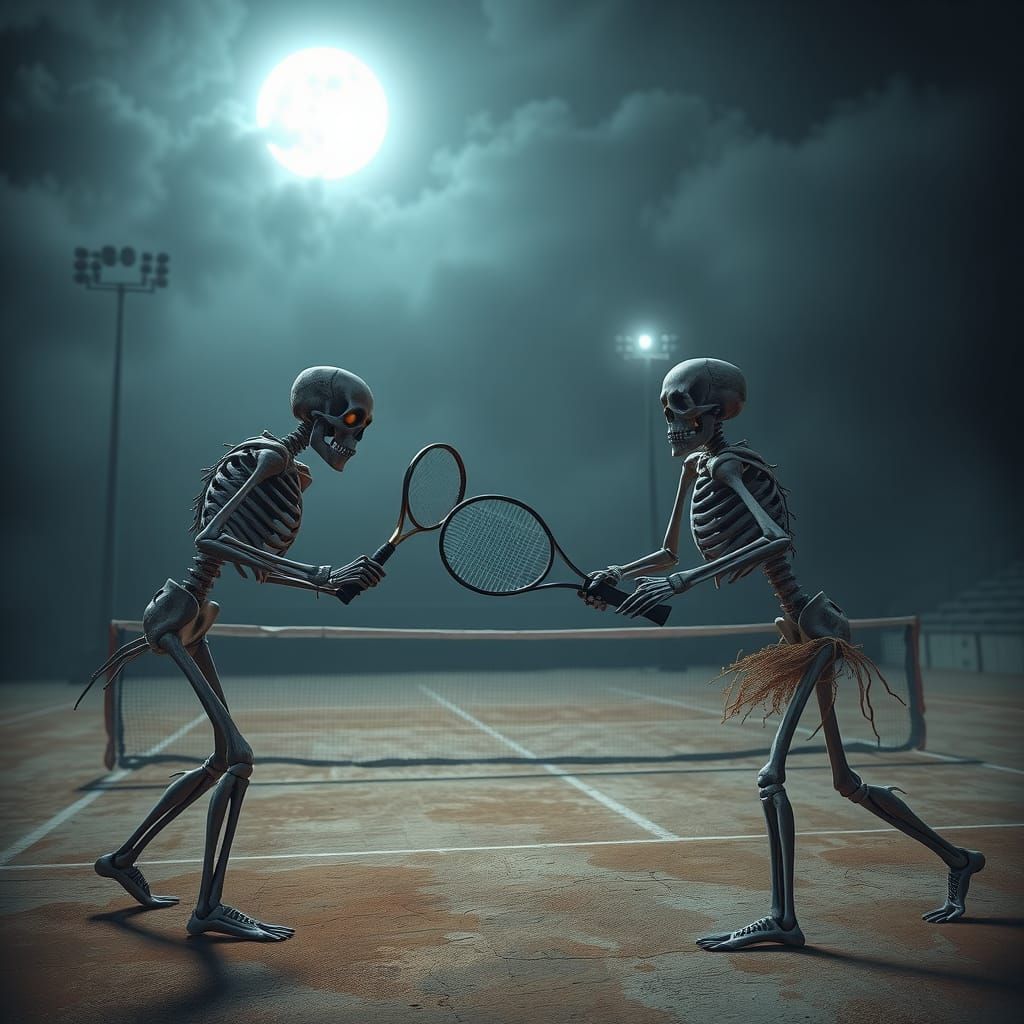 Skeletons Playing Tennis in Moody Gothic Style