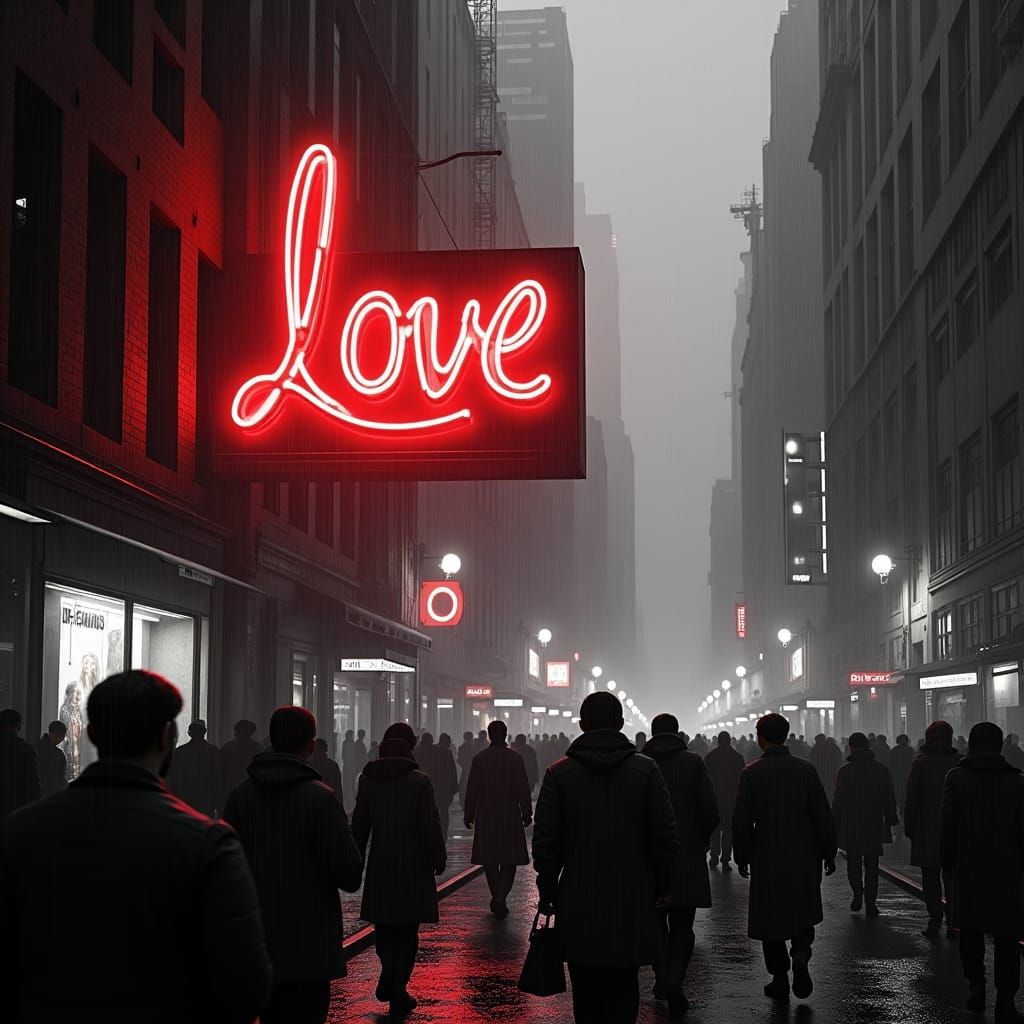 Neon Love Sign in Black and White Metropolis