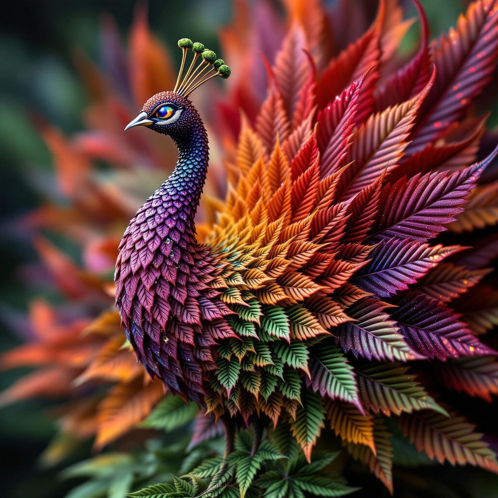Majestic Cannabis Peacock with Gradient Leaves and Sparkling...