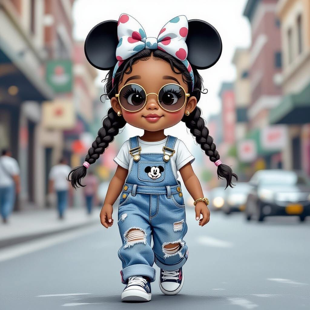 Cartoon Line Art of African American Girl in Jean Suit