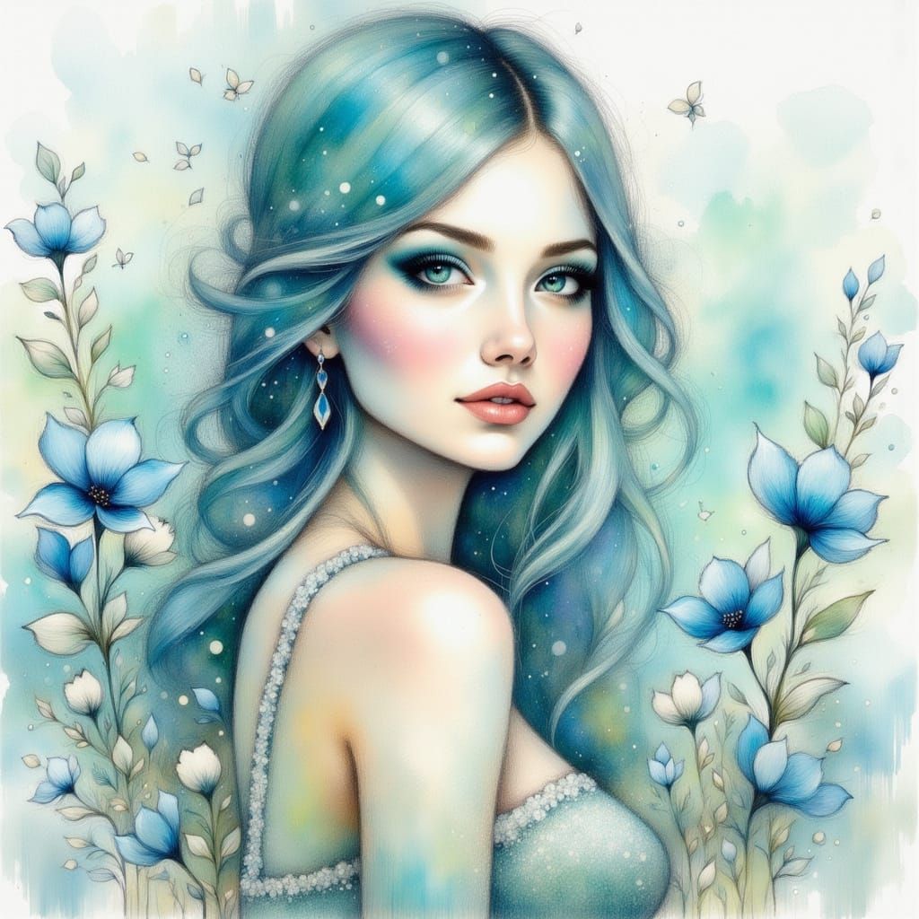 Pretty Woman Portrait with Turquoise Eyes and Teal Hair