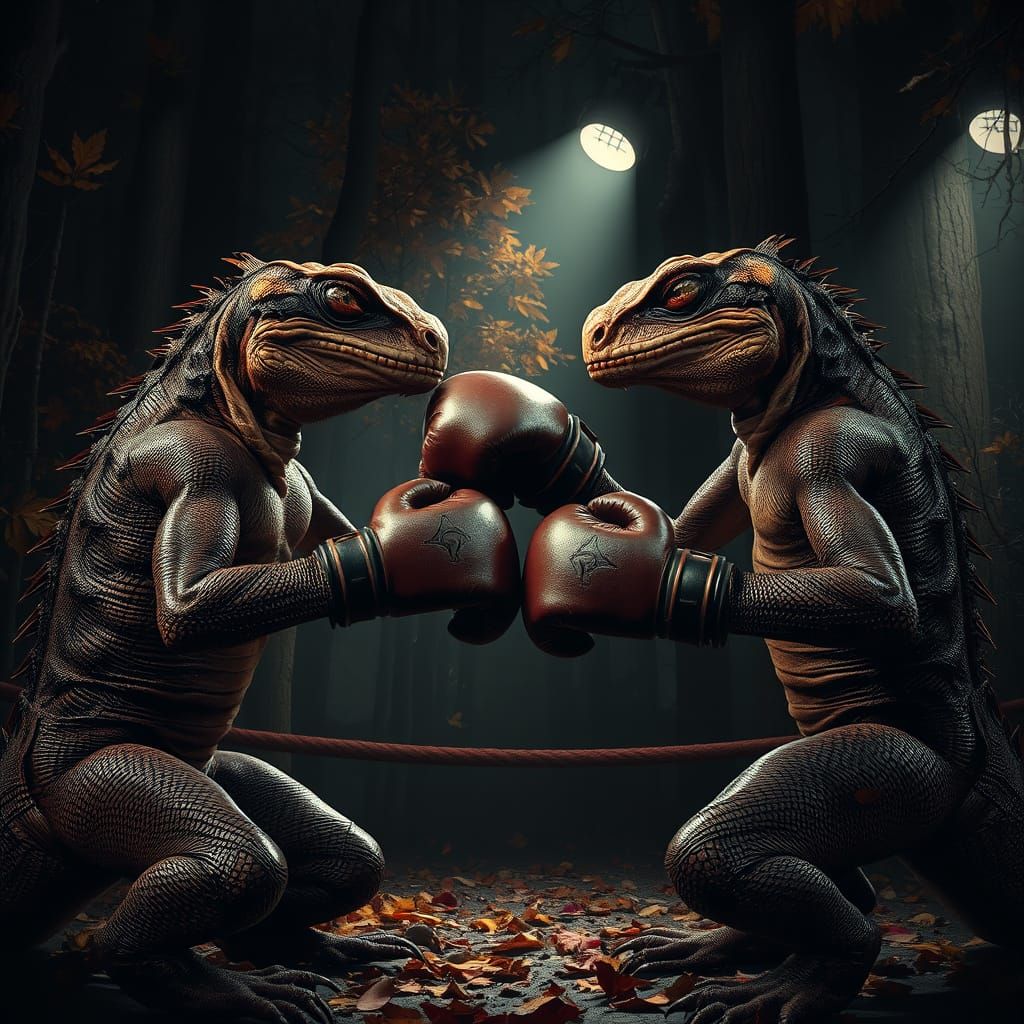 Gritty Lizard Boxing Match in Autumn Forest