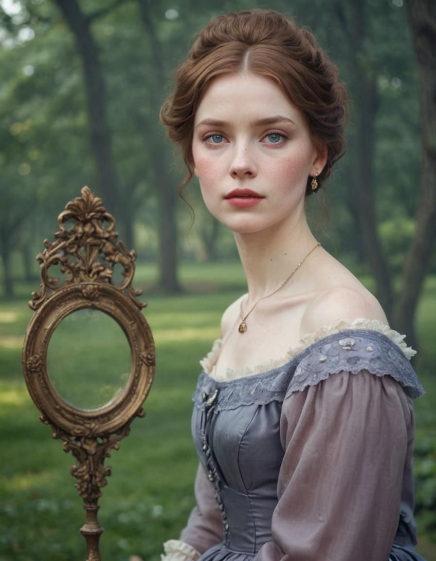 Victorian Beauty in Park, Oil Painting Style