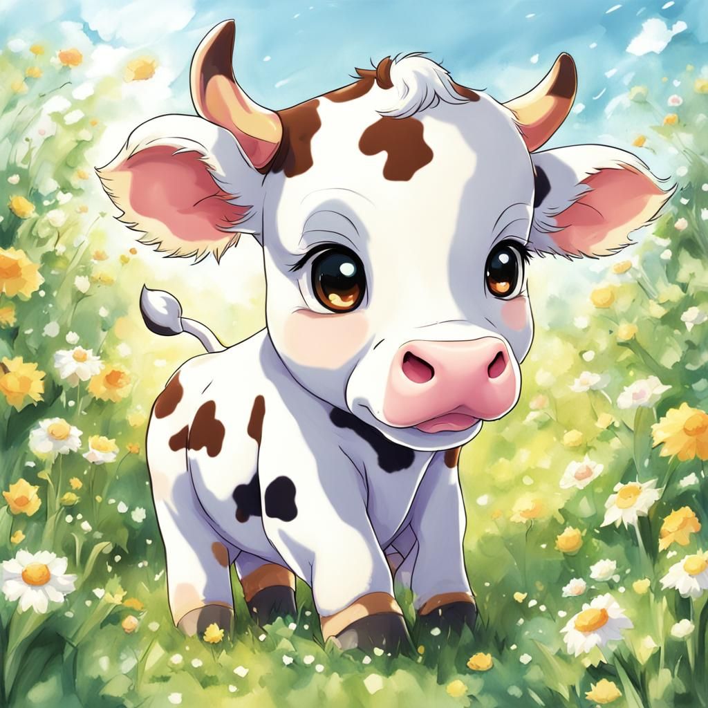 Cute Baby Cow in Anime Style