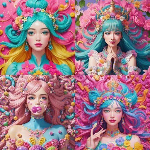 Whimsical Goddess Surrounded by Candy Flowers in Digital Art...