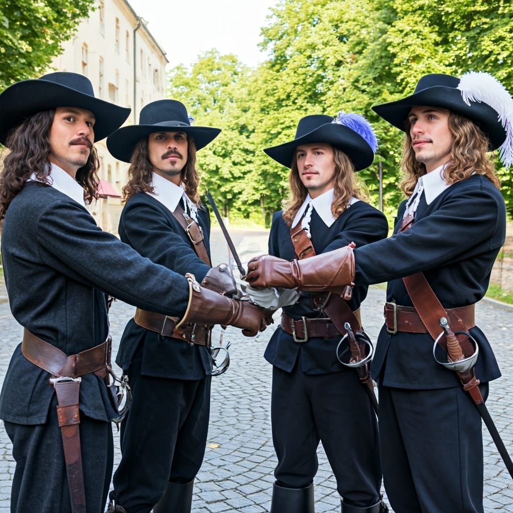 The Four Musketeers Swearing Oath at Crossroads