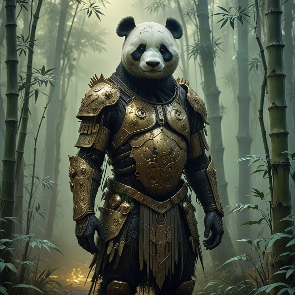 Mystical Panda Warrior in Bamboo Forest