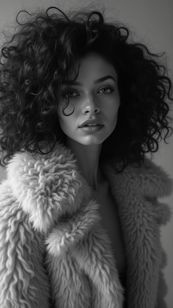Monochrome Portrait of Woman with Voluminous Curls