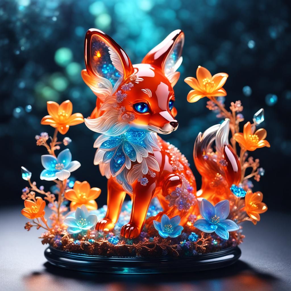 Bioluminescent Vermilion Crystal Fox Sculpture