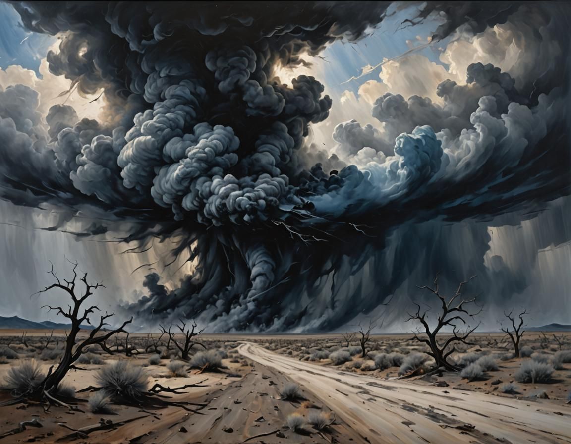 Barren Landscape: Dynamic Oil Painting of Nature's Fury