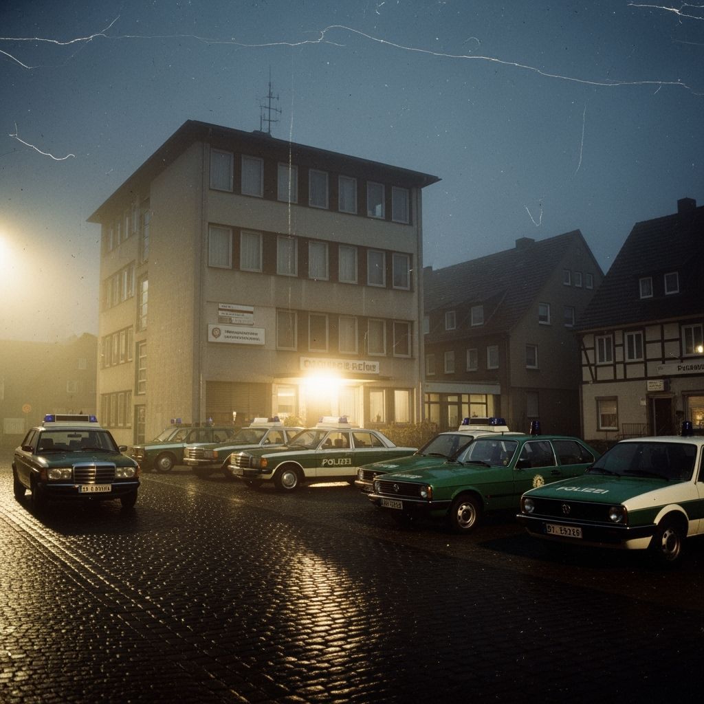 1980s German Police Station in Foggy Autumn Night Photo