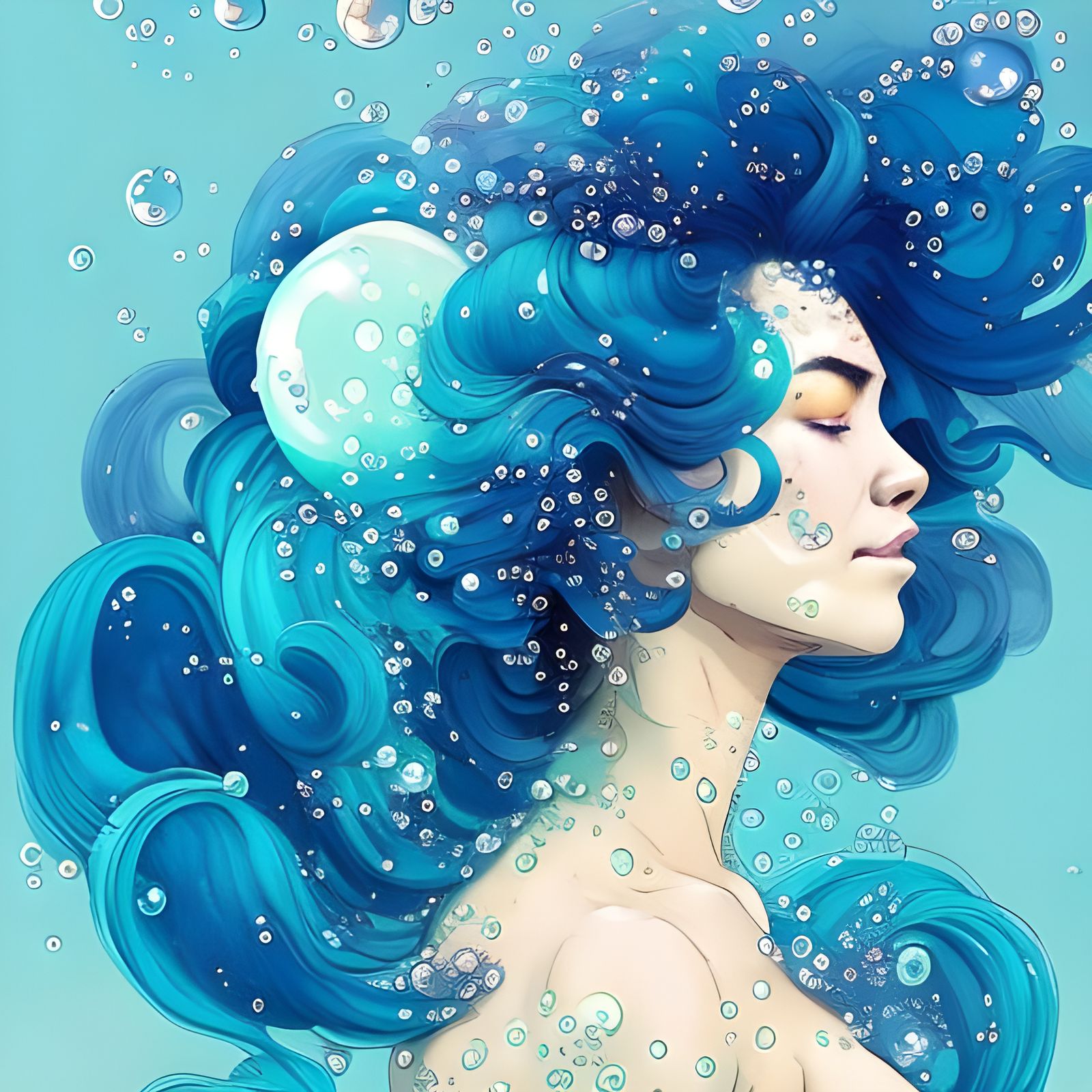 Blue-Haired Woman in Bubble Bath: Watercolor Art