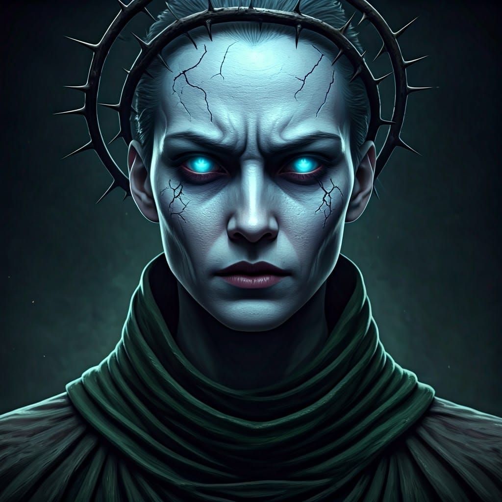 Eerie Blue-Skinned Figure with Thorn Halo in Photorealistic ...