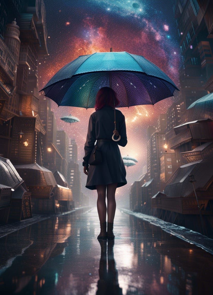 Cosmic Umbrella Woman: Epic Digital Matte Painting