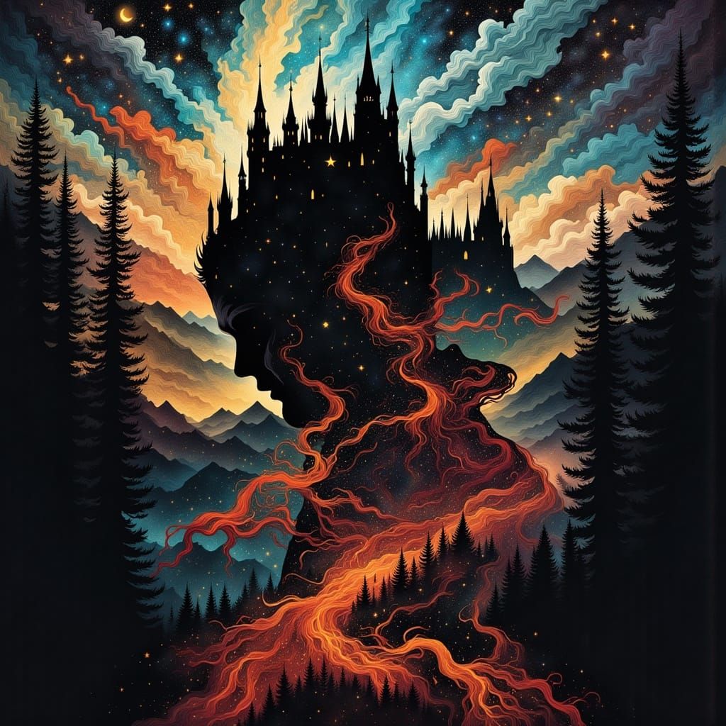 Vampire Silhouette Embraced by Fractal Blood and Castle