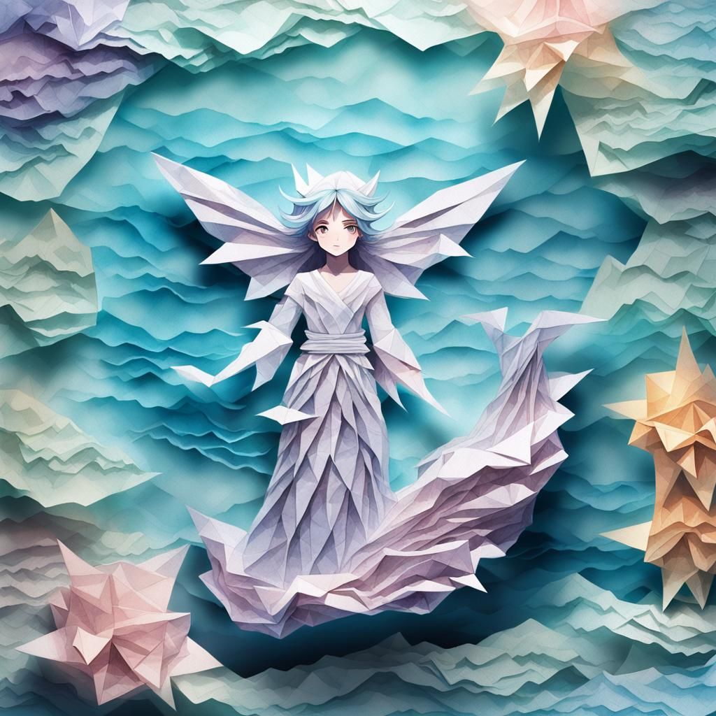 Origami Water Fairy in Pastel Anime Style