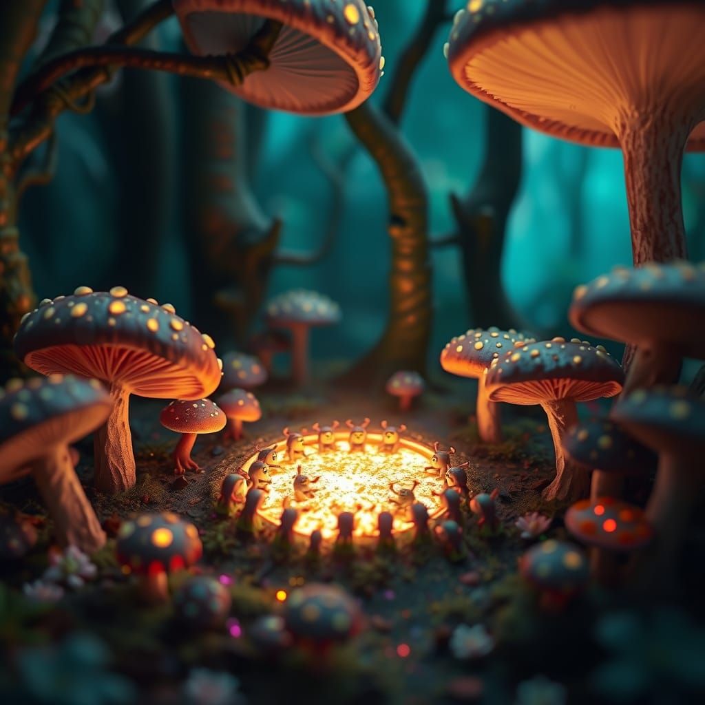 Mushroom Circle in a Whimsical Forest with Ethereal Lighting