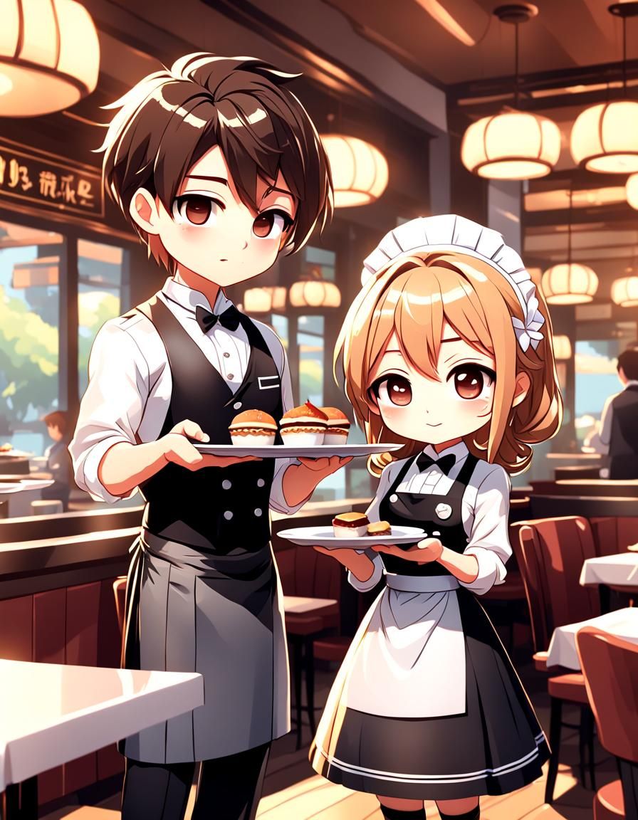 Chibi Waiter and Waitress at Restaurant in 8K