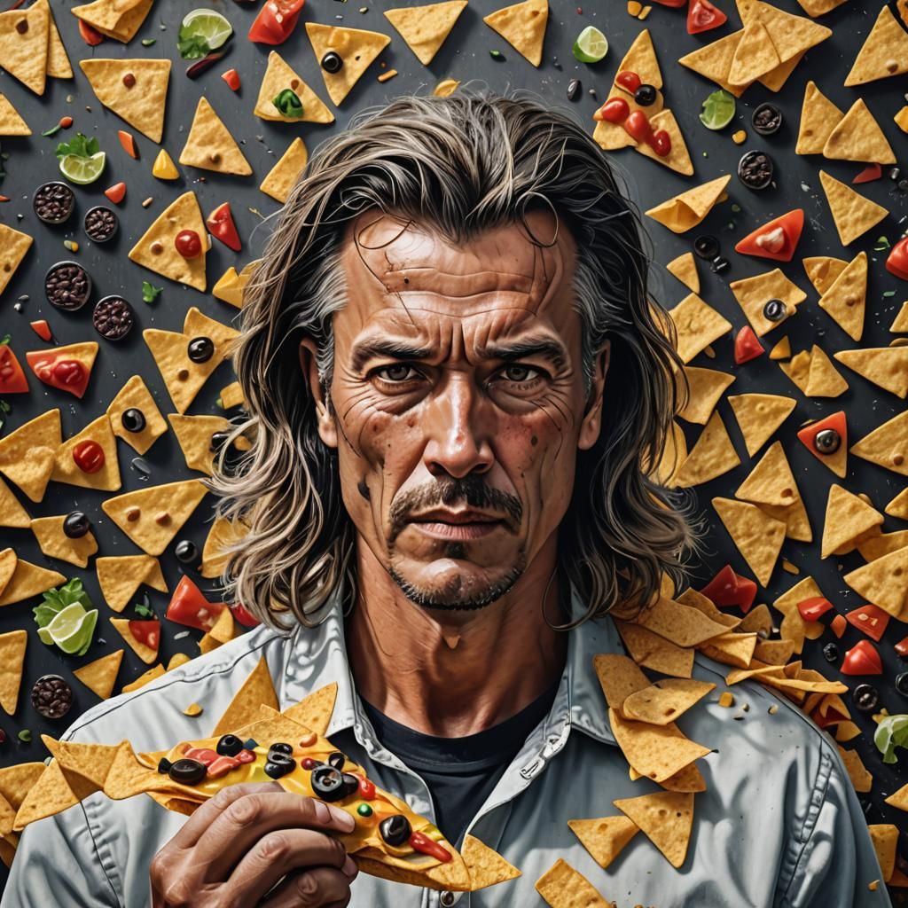 Humorous Hyperrealistic Ruler with Mullet Eating Nachos