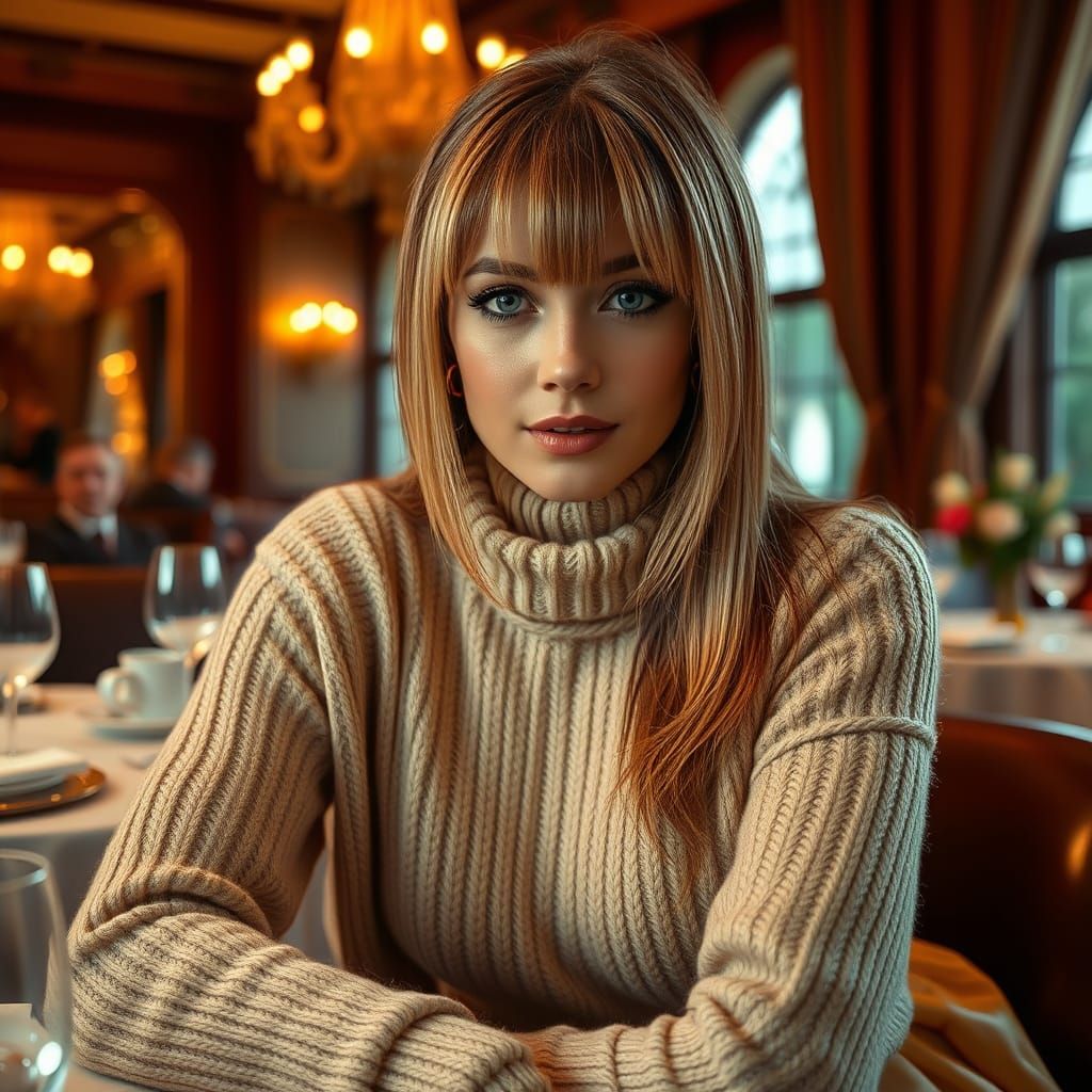 Ethereal Woman in Cashmere Cowlneck Sweater at Upscale Resta...