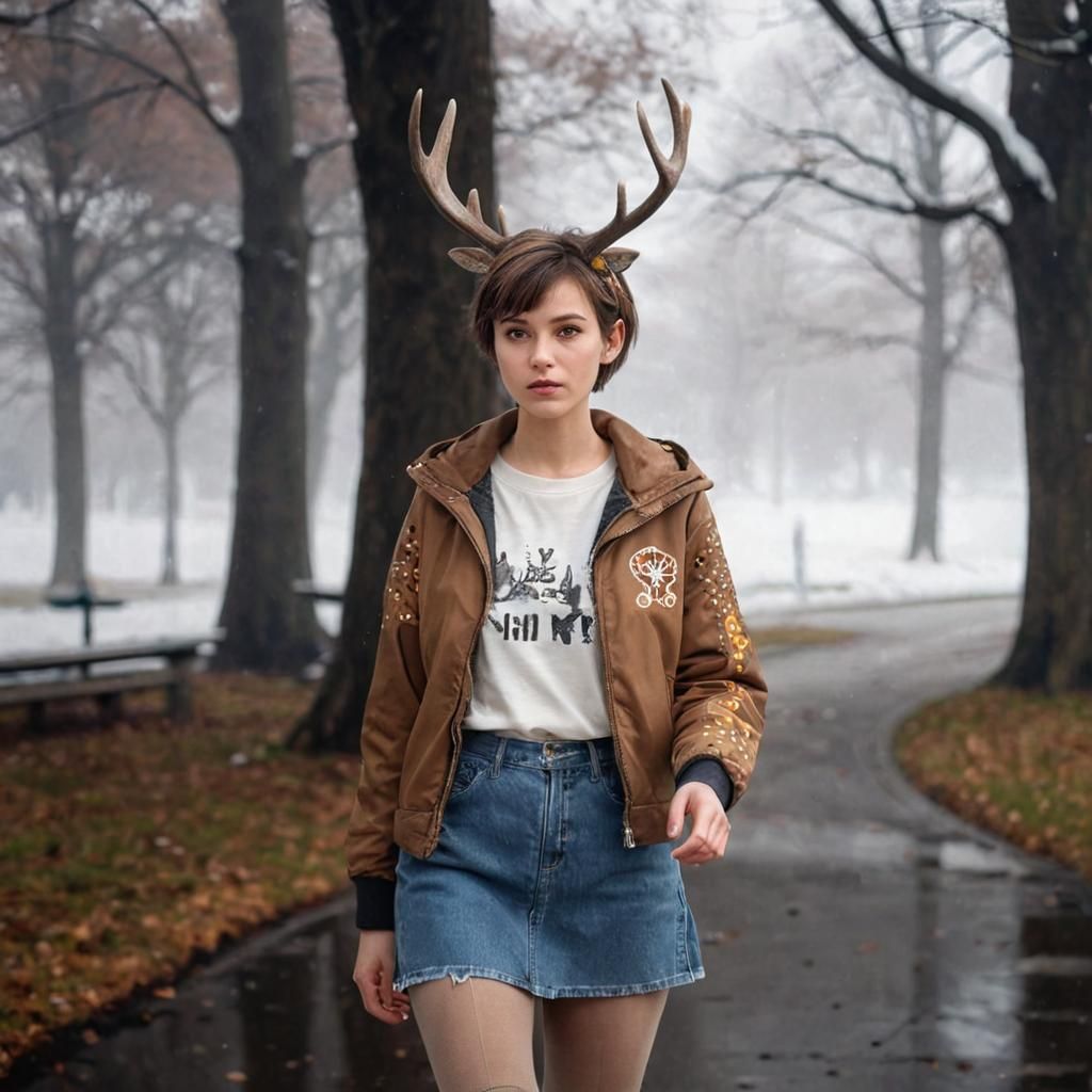Woman with Antlers in Winter Park: Fine Art
